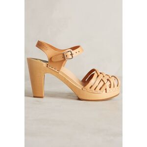 Anthropologie Swedish Hasbeens Braided Sky High Clogs Leather Wood size 39 Peach